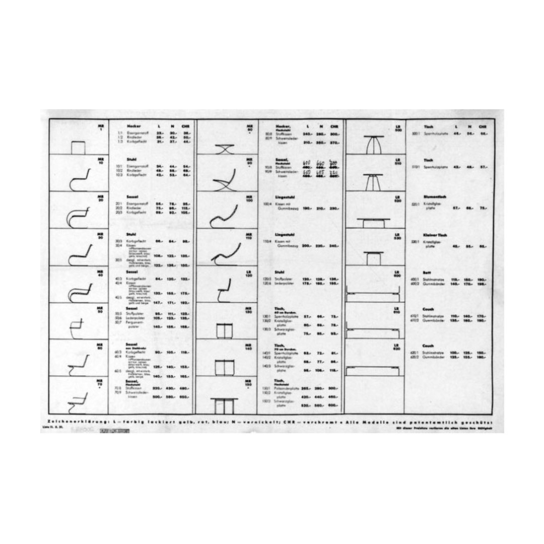 Extrait du catalogue Bamberg Metallwerkstätten présentant les produits de Mies van der Rohe (MR) et ceux de Lilly Reich (LR) - null